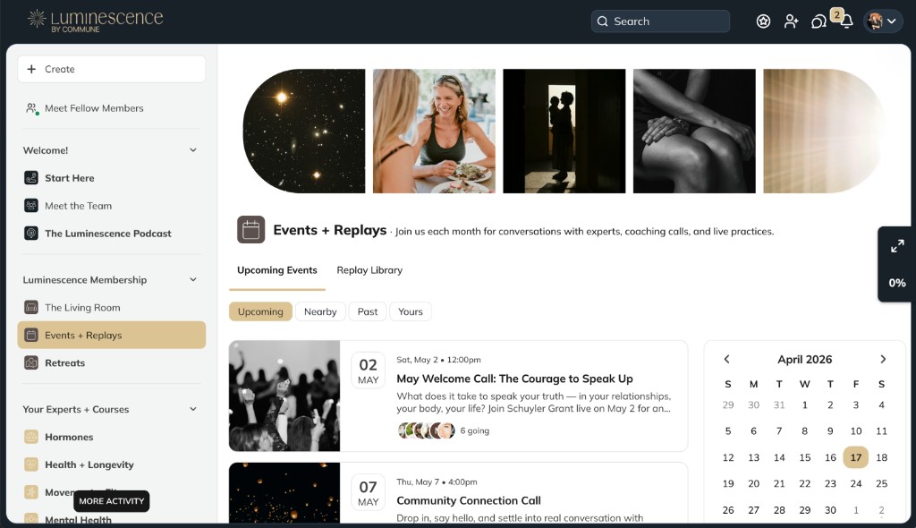 Luminescence desktop, Events and replays
